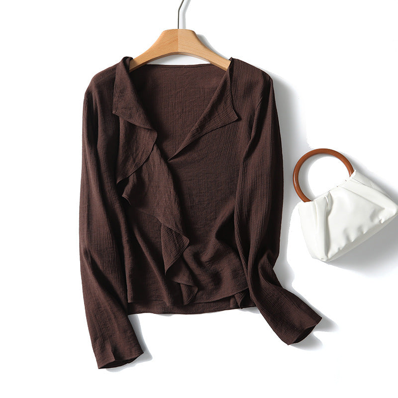 French Lightly Mature Ruffled V-neck Long Sleeve Shirt