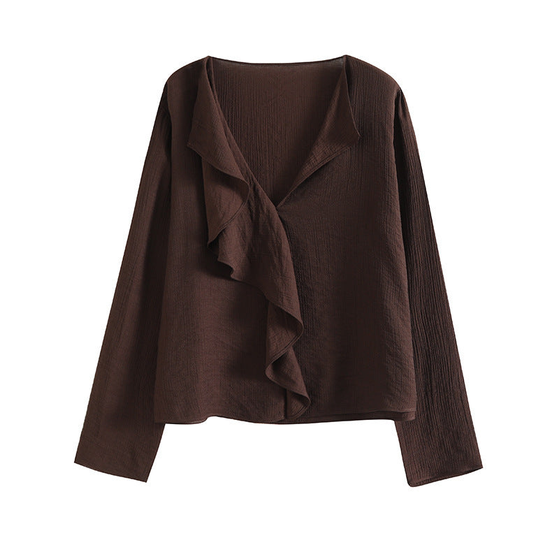 French Lightly Mature Ruffled V-neck Long Sleeve Shirt