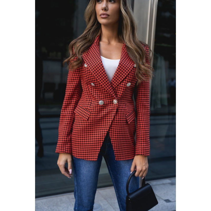 Women's Houndstooth Blazer Pocket Coat