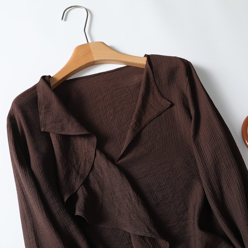 French Lightly Mature Ruffled V-neck Long Sleeve Shirt