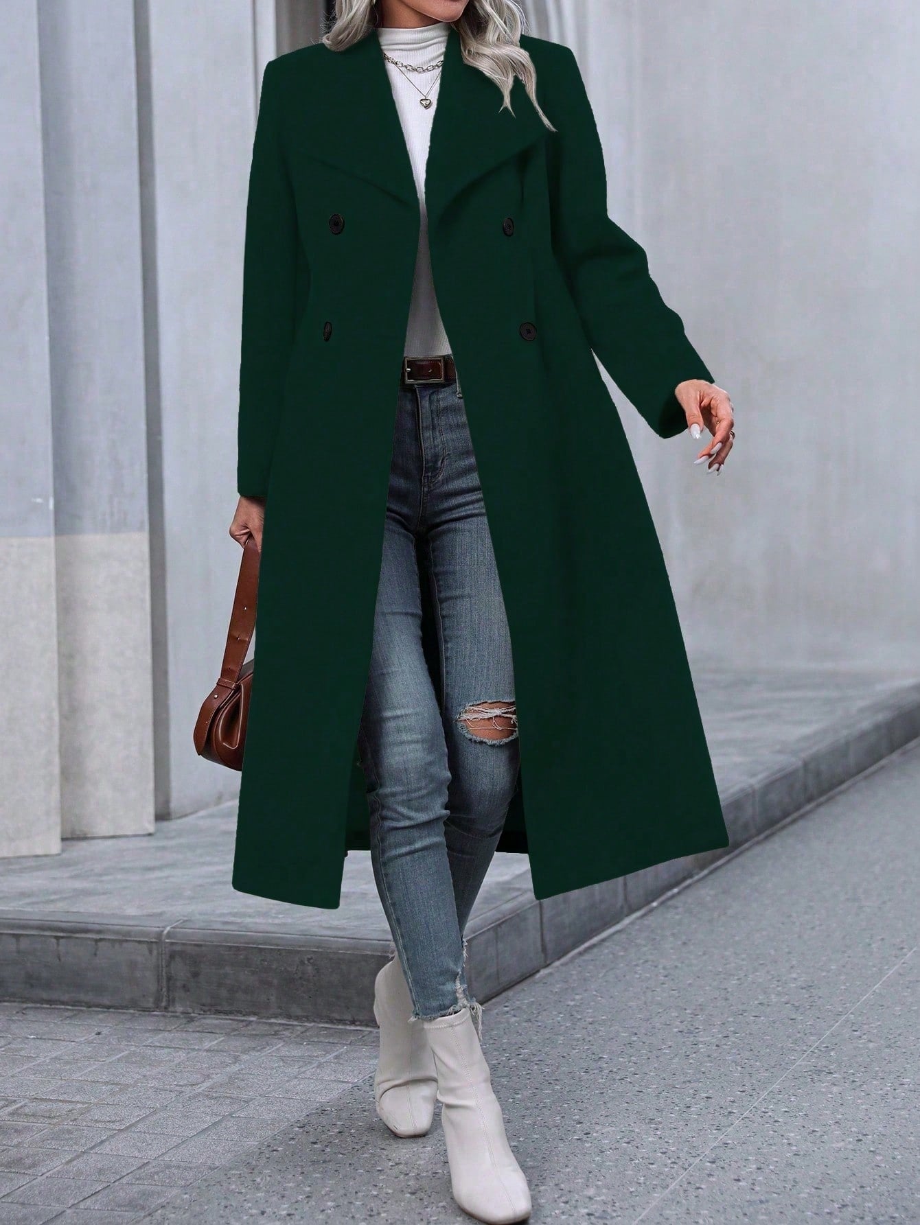 Autumn And Winter Long Coat For Women, Minimalist And Fashionable, Elegant For Commuting, Double-breasted Long-sleeve Faux Wool Long Women's Coat.