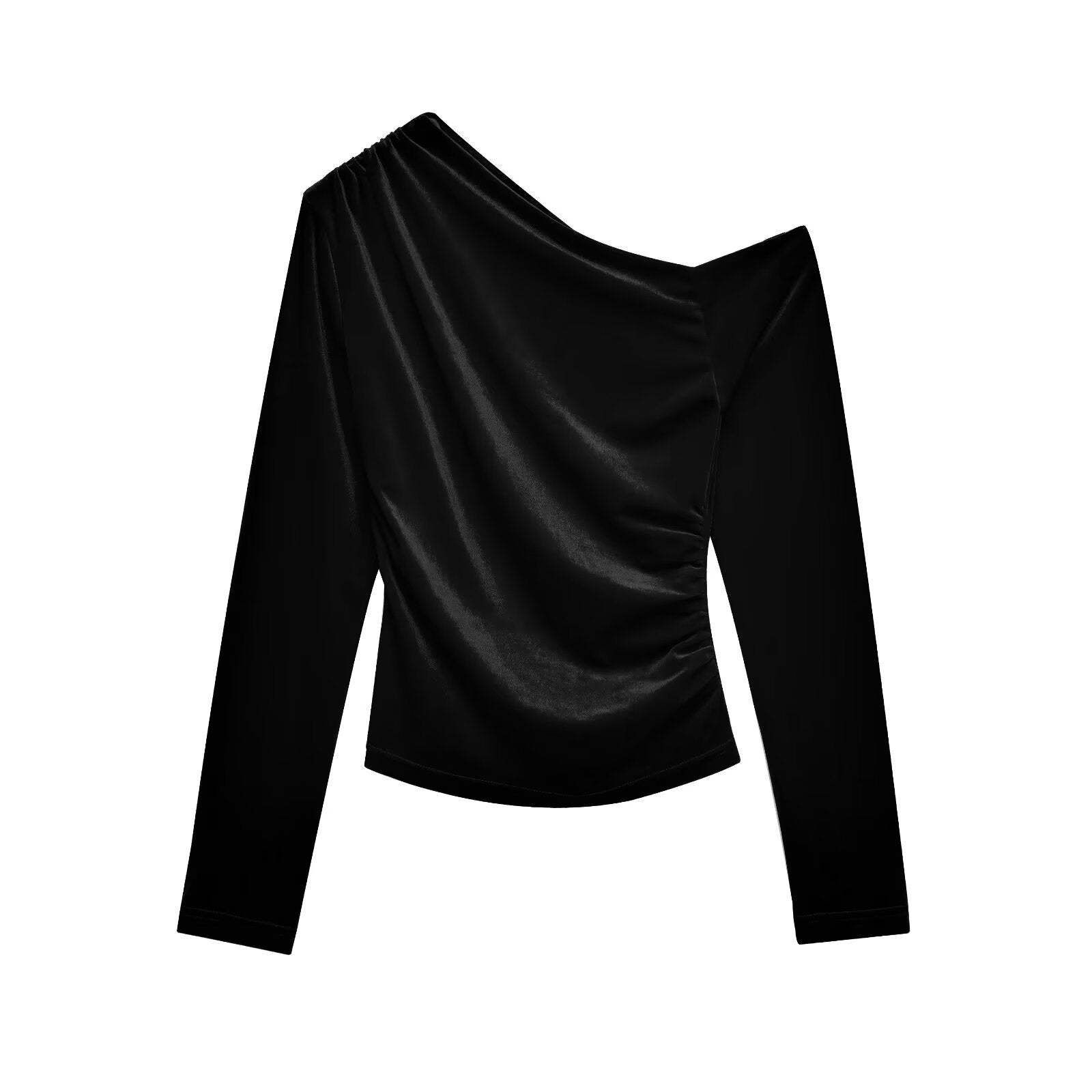 Diagonal Collar Pleated Slim-fit Asymmetric Long-sleeved Top For Women