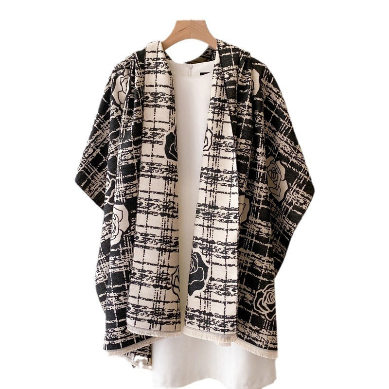 Cashmere-like Double-sided Scarf Camellia Tassel Air-conditioned Room Cloak