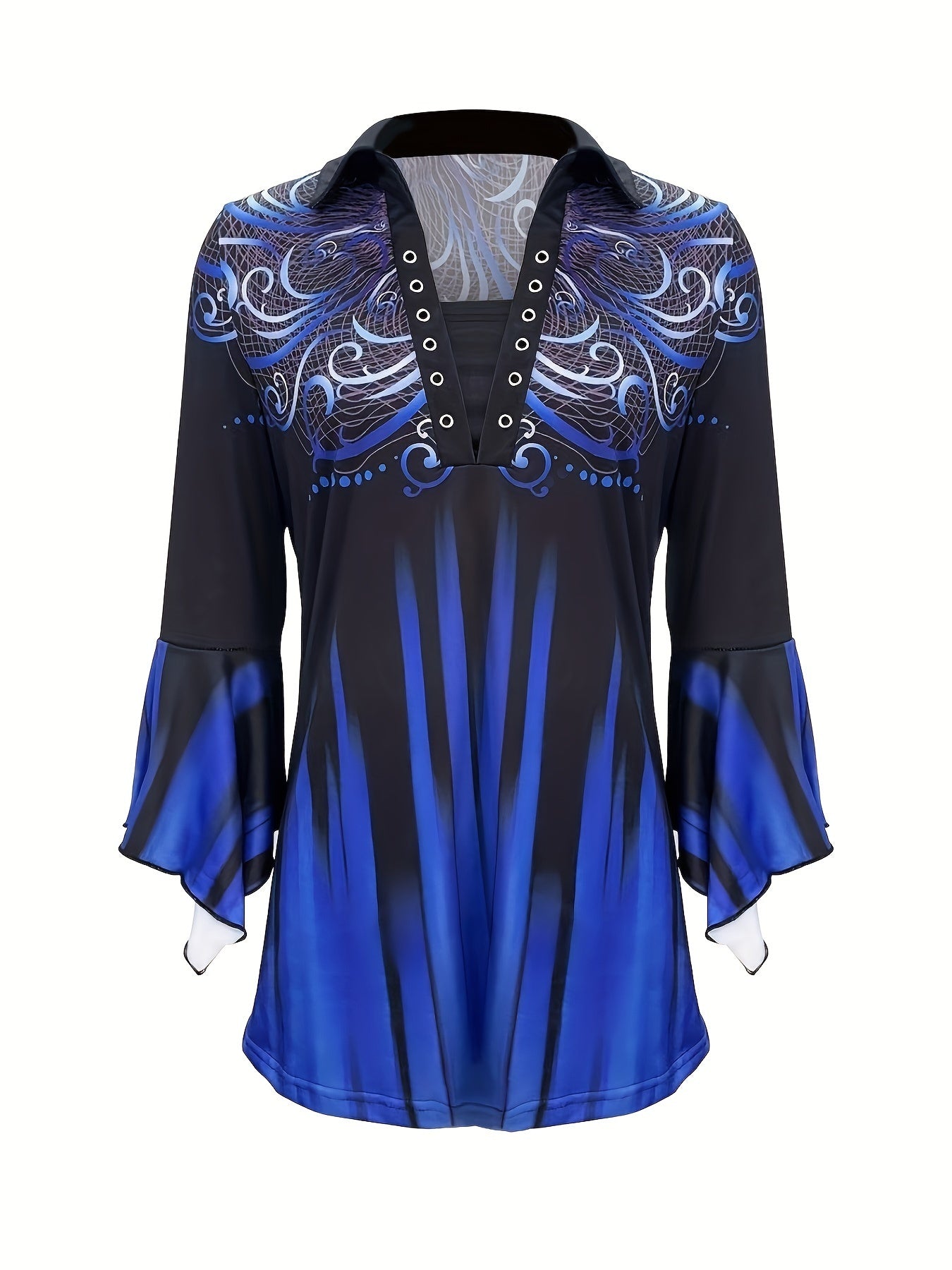 Spring And Autumn New Printed Lapel Blue Three-quarter Sleeve T-shirt Irregular Cuff Button Top