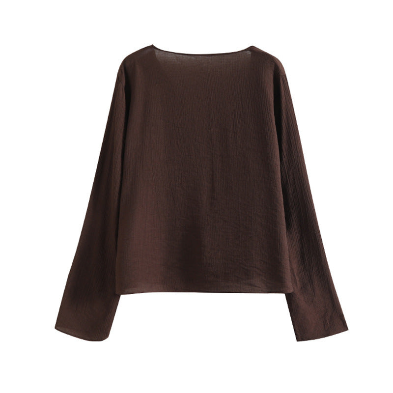 French Lightly Mature Ruffled V-neck Long Sleeve Shirt