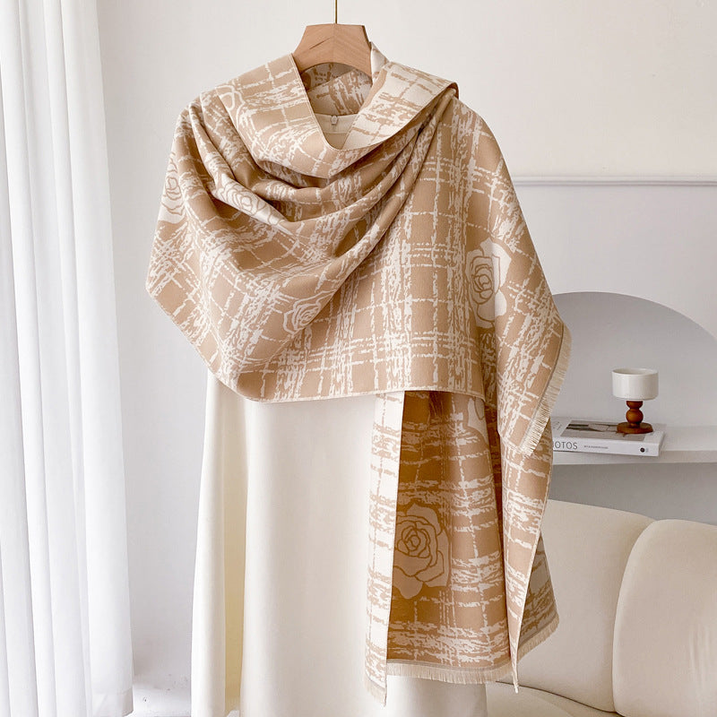 Cashmere-like Double-sided Scarf Camellia Tassel Air-conditioned Room Cloak