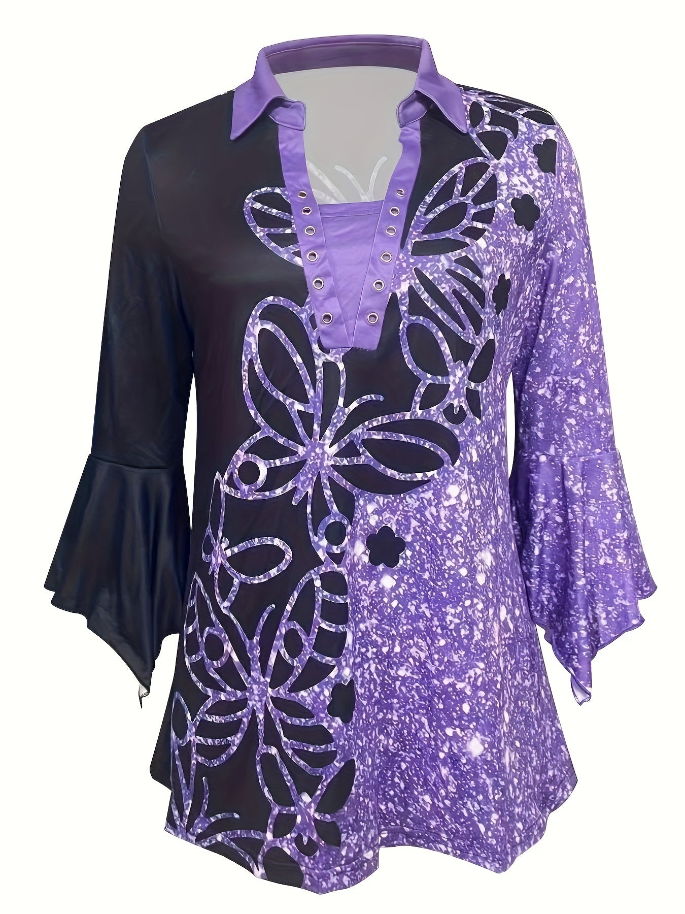 Spring And Autumn New Printed Lapel Three-quarter Sleeve T-shirt Irregular Cuff Button Top