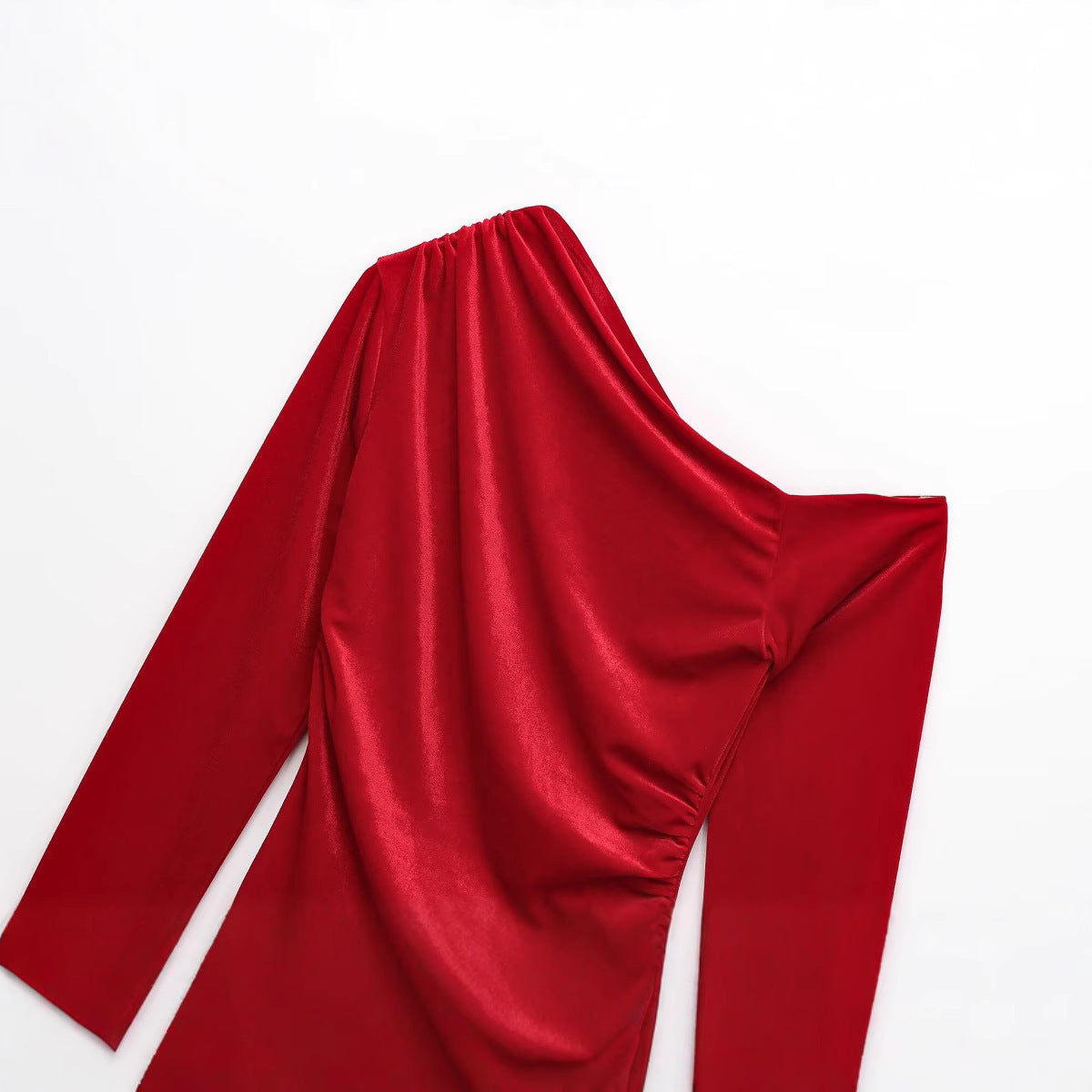 Diagonal Collar Pleated Slim-fit Asymmetric Long-sleeved Top For Women