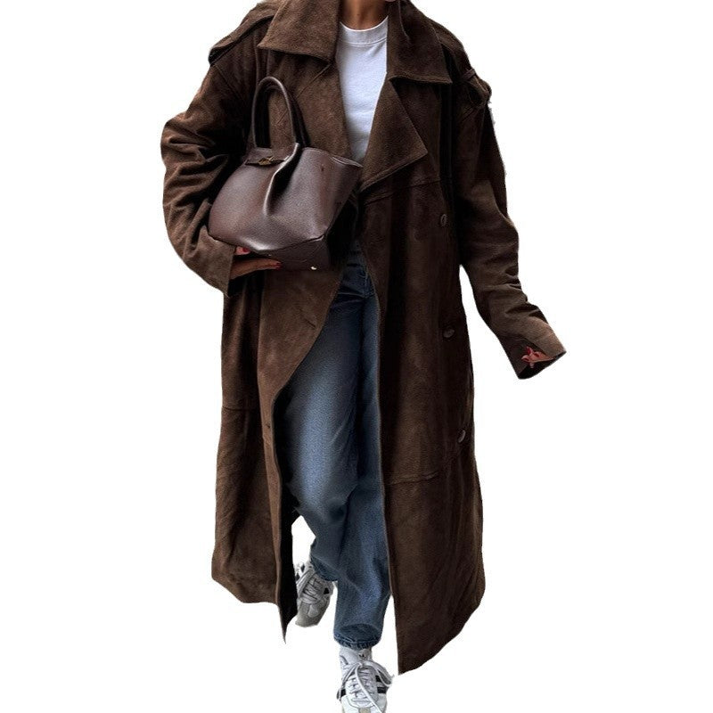 Loose Lapels Brown Long Suede Coat